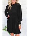 Black Frilled Neck Smocked Bodice Velvet Dress - M