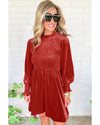 Red Clay Frilled Neck Smocked Bodice Velvet Dress - L