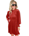 Red Clay Frilled Neck Smocked Bodice Velvet Dress - L