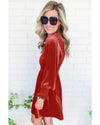 Red Clay Frilled Neck Smocked Bodice Velvet Dress - XL