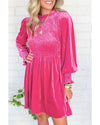 Rose Frilled Neck Smocked Bodice Velvet Dress - L