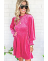 Rose Frilled Neck Smocked Bodice Velvet Dress - L