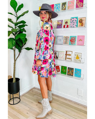 Multicolour Floral Tie Neck Bubble Sleeve Shift Dress - M