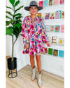 Multicolour Floral Tie Neck Bubble Sleeve Shift Dress - XL
