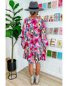 Multicolour Floral Tie Neck Bubble Sleeve Shift Dress - XL