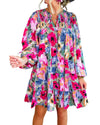 Multicolour Floral Tie Neck Bubble Sleeve Shift Dress - XL