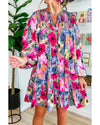 Multicolour Floral Tie Neck Bubble Sleeve Shift Dress - XL