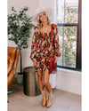 Multicolour Smocked High Waist Long Sleeve Floral Dress - M