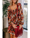 Multicolour Smocked High Waist Long Sleeve Floral Dress - M