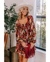 Multicolour Smocked High Waist Long Sleeve Floral Dress - M