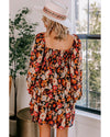 Multicolour Smocked High Waist Long Sleeve Floral Dress - M