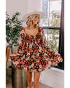Multicolour Smocked High Waist Long Sleeve Floral Dress - M