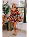 Multicolour Smocked High Waist Long Sleeve Floral Dress - XL