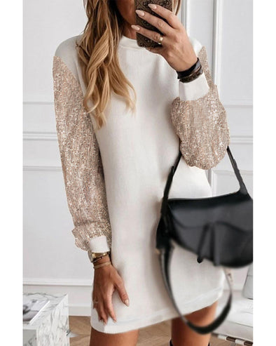 White Sequin Puff Sleeve Shift Mini Dress - M