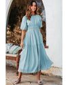 Light Blue Puff Sleeve Pleated High Waist Flowy Long Dress - S
