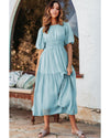 Light Blue Puff Sleeve Pleated High Waist Flowy Long Dress - S
