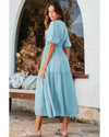 Light Blue Puff Sleeve Pleated High Waist Flowy Long Dress - XL