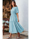 Light Blue Puff Sleeve Pleated High Waist Flowy Long Dress - XL