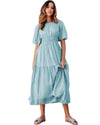 Light Blue Puff Sleeve Pleated High Waist Flowy Long Dress - XL