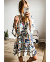 White Printed Tribal Print Bracelet Sleeve Buttoned Mini Dress - S