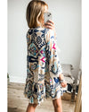White Printed Tribal Print Bracelet Sleeve Buttoned Mini Dress - S
