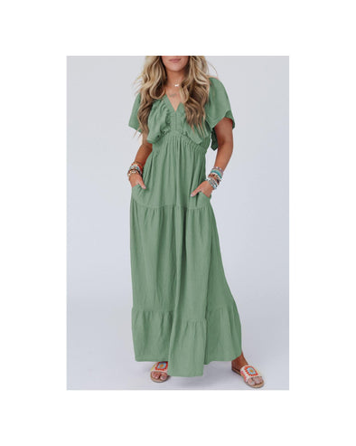 Grass Green Textured V Neck Flutter Sleeve Ruffled Maxi Dress - M