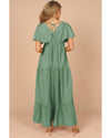Grass Green Textured V Neck Flutter Sleeve Ruffled Maxi Dress - S