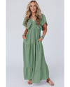 Grass Green Textured V Neck Flutter Sleeve Ruffled Maxi Dress - S