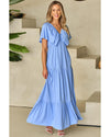 Sky Blue Textured V Neck Flutter Sleeve Ruffled Maxi Dress - M
