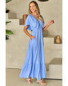 Sky Blue Textured V Neck Flutter Sleeve Ruffled Maxi Dress - M