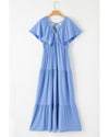 Sky Blue Textured V Neck Flutter Sleeve Ruffled Maxi Dress - M
