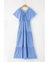 Sky Blue Textured V Neck Flutter Sleeve Ruffled Maxi Dress - M