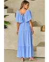 Sky Blue Textured V Neck Flutter Sleeve Ruffled Maxi Dress - S