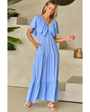 Sky Blue Textured V Neck Flutter Sleeve Ruffled Maxi Dress - S