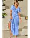 Sky Blue Textured V Neck Flutter Sleeve Ruffled Maxi Dress - S
