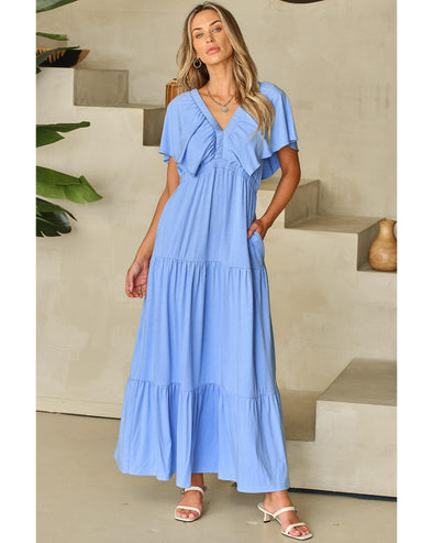 Sky Blue Textured V Neck Flutter Sleeve Ruffled Maxi Dress - XL