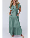 Green Textured V Neck Flutter Sleeve Ruffled Maxi Dress - 2XL