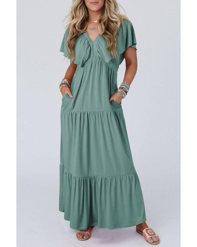 Green Textured V Neck Flutter Sleeve Ruffled Maxi Dress - 2XL