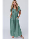 Green Textured V Neck Flutter Sleeve Ruffled Maxi Dress - 2XL