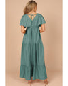 Green Textured V Neck Flutter Sleeve Ruffled Maxi Dress - M