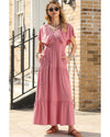 Rose Pink Textured V Neck Flutter Sleeve Ruffled Maxi Dress - 2XL