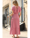 Rose Pink Textured V Neck Flutter Sleeve Ruffled Maxi Dress - 2XL