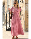 Rose Pink Textured V Neck Flutter Sleeve Ruffled Maxi Dress - 2XL