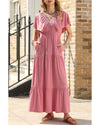 Rose Pink Textured V Neck Flutter Sleeve Ruffled Maxi Dress - 2XL