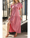 Rose Pink Textured V Neck Flutter Sleeve Ruffled Maxi Dress - 2XL