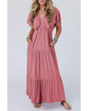 Rose Pink Textured V Neck Flutter Sleeve Ruffled Maxi Dress - 2XL