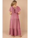 Rose Pink Textured V Neck Flutter Sleeve Ruffled Maxi Dress - 2XL