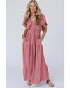 Rose Pink Textured V Neck Flutter Sleeve Ruffled Maxi Dress - 2XL