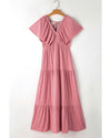 Rose Pink Textured V Neck Flutter Sleeve Ruffled Maxi Dress - 2XL