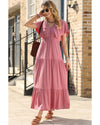 Rose Pink Textured V Neck Flutter Sleeve Ruffled Maxi Dress - L